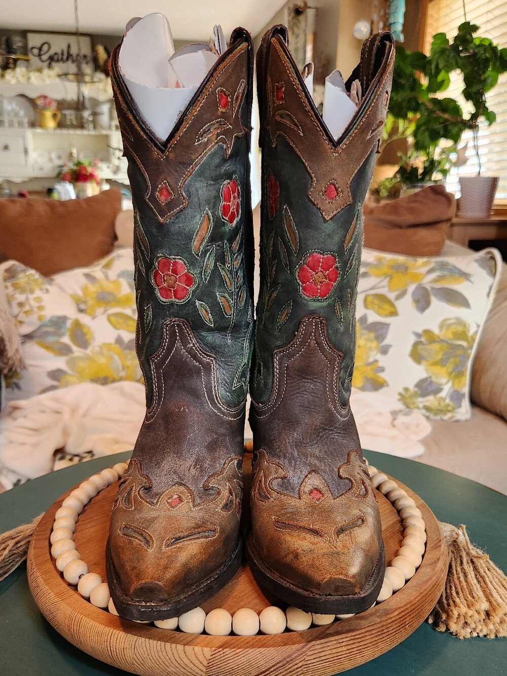 Laredo Brown and Green Western Floral Embroidered Heeled Boots - Picture 2 of 9